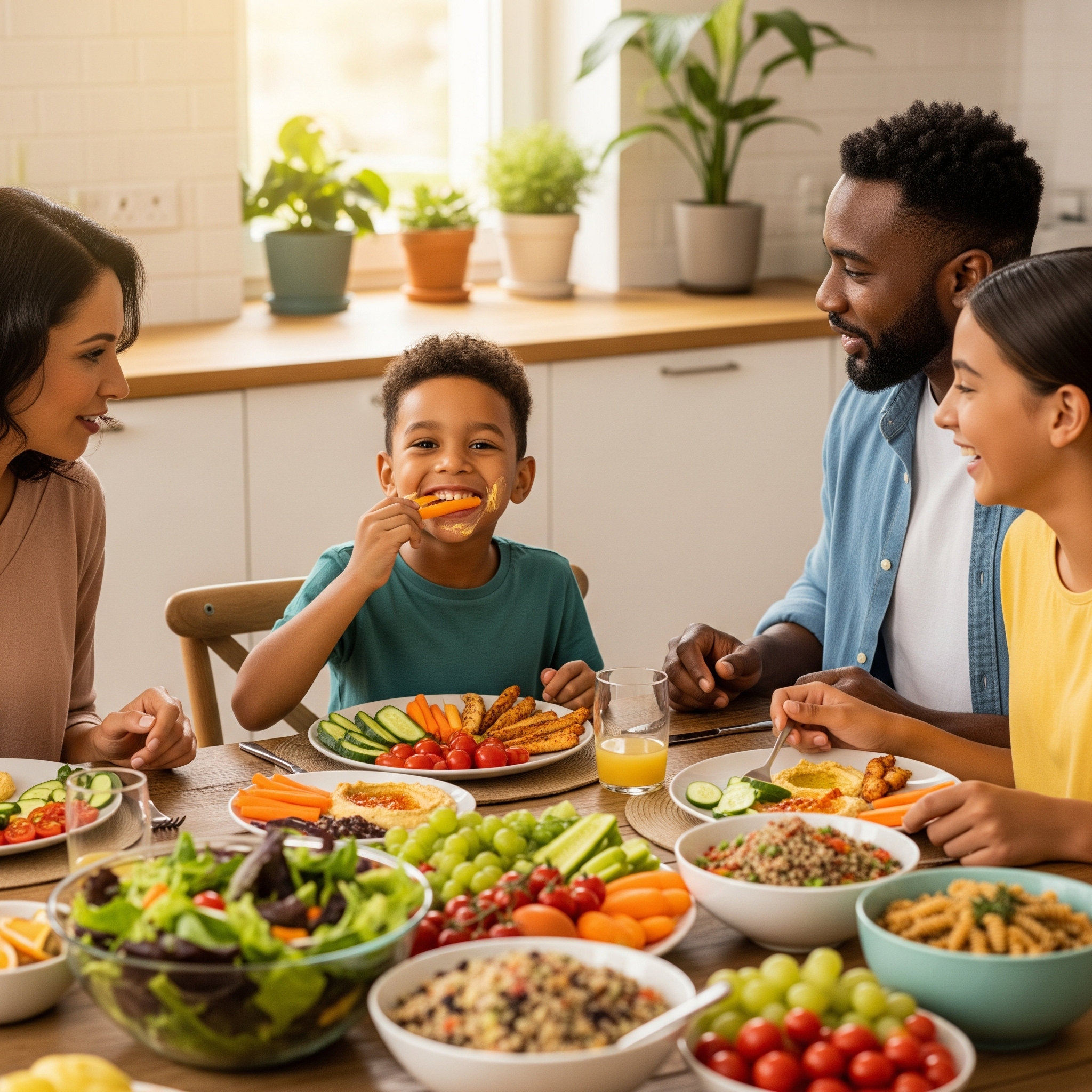 A happy family enjoying a healthy meal together.